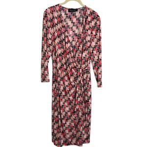 Evan Picone Black Label Faux Wrap Dress Size 14 Pink Black White Geometric